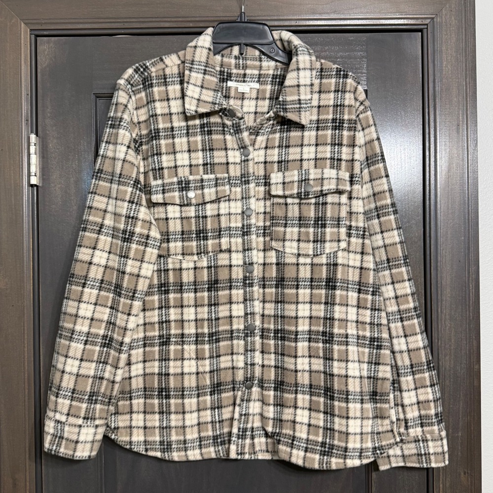 ONeill Plaid Fleece Shacket Mens Large Tan Black Snap Button Shirt Jacket Pocket